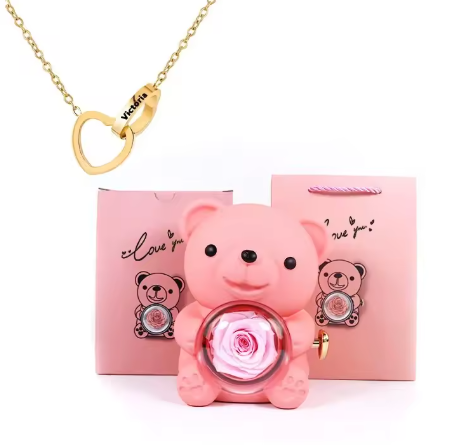 Pudełko na biżuterię z wiecznym misiem różowym z naszyjnikiem