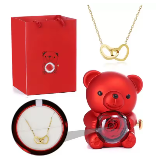 Pudełko na biżuterię z wiecznym misiem różowym z naszyjnikiem